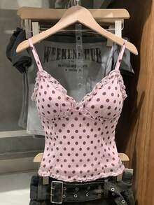 Franclia 女士波点荷叶边拼接时尚百搭派对吊带背心 - 粉色 - 查看 1