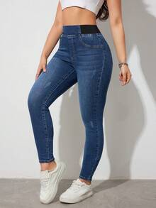 SHEIN Tall Quần jeans nữ cạp cao, cạp chun co giãn, kiểu dáng ôm sát, thích hợp cho mùa hè, công sở và sinh hoạt hàng ngày. Quần jeans nữ cạp cao, dáng ôm, chất liệu co giãn thoải mái, màu tối, thích hợp cho mùa thu/đông. - Màu xanh lam - Xem 3