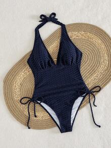 Swim Lushoire Traje de baño de una pieza de color azul marino sólido para vacaciones de verano y uso casual en la playa para mujeres, conjunto de traje de baño con textura y atar al cuello - Azul Marino - Ver 8