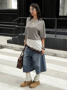 Muchica Brown Stripe Stripe Knit Patchwork Satin Lace Women T-Shirt Everyday Summer Casual Streetwear Back-To-School Student Daily - Multicolor - View 6