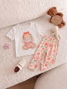 SHEIN Bộ 4 món đồ ngủ cho bé gái, họa tiết gấu hoạt hình dễ thương và hoa, cổ tròn, tay ngắn, viền bèo nhún, chất liệu dệt kim, thoải mái. - Nhiều màu - Xem 4