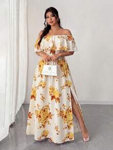 Elenzga Plus Size Women's White Summer Boho Flowy Tea Party Holiday Floral Print Dress,Off-Shoulder Ruffle Waist Pleated Maxi Dress For Dates - Multicolor - View 1