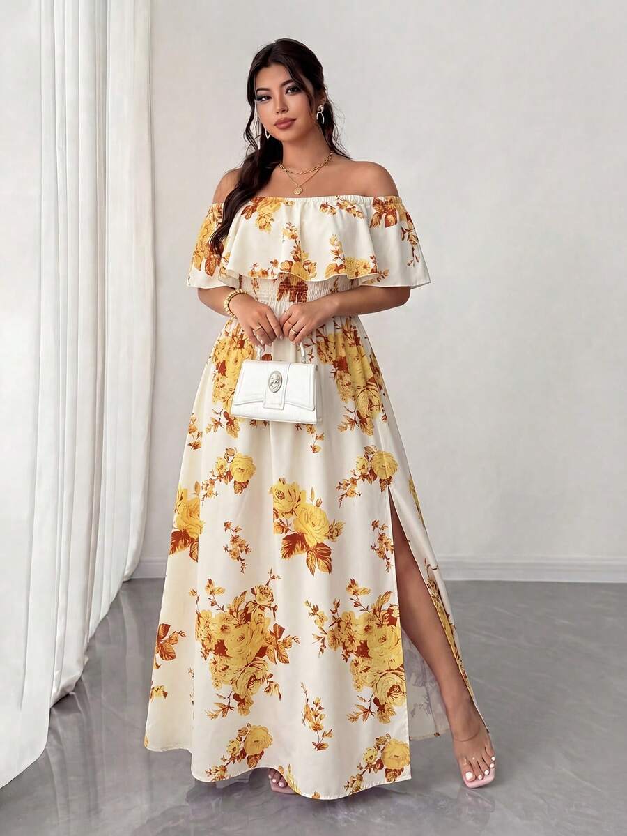 Elenzga Plus Size Women's White Summer Boho Flowy Tea Party Holiday Floral Print Dress,Off-Shoulder Ruffle Waist Pleated Maxi Dress For Dates - Multicolor - View 1