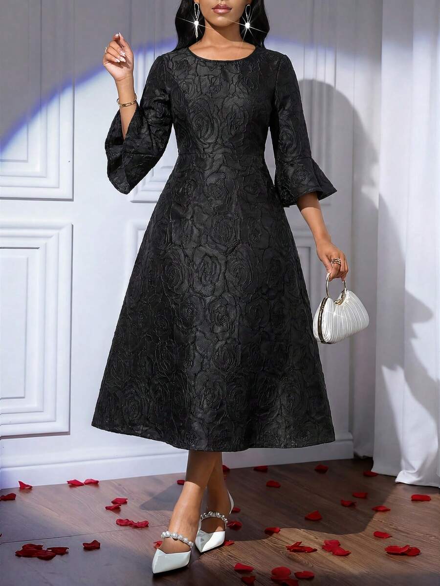 SHEIN Lady Đầm nữ thanh lịch tay bồng xếp ly, eo thắt, chất liệu jacquard, thích hợp cho mùa xuân và mùa thu. - màu đen - Xem 1