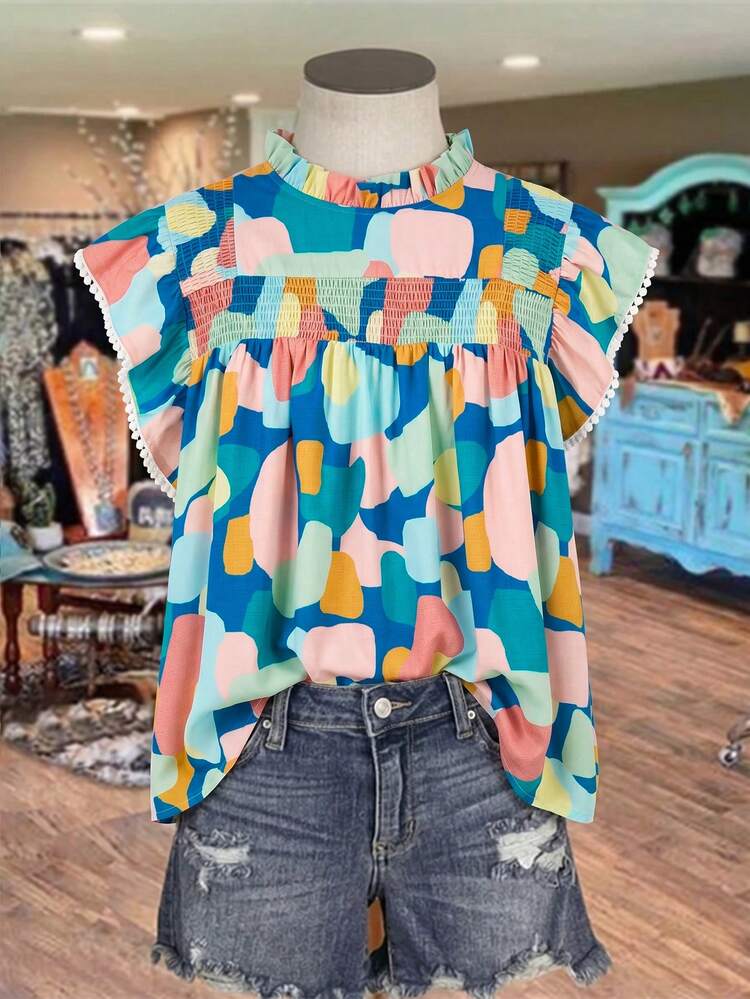 Plus Size Women Patchwork Color Block Lace Trim Shirt
