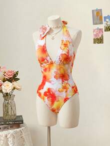 SHEIN MOD 女士印花露背连体泳衣，适合度假 - 珊瑚橙 - 查看 9