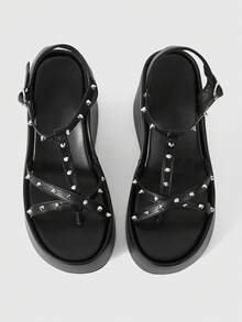 ROMWE Grunge Punk Giày nữ đế xuồng, sandal đế cao, phong cách punk với họa tiết đinh tán chéo, sandal hở mũi, thích hợp cho hộp đêm, đi làm, du lịch, giày đế xuồng nữ mùa hè. - màu đen - Xem 5
