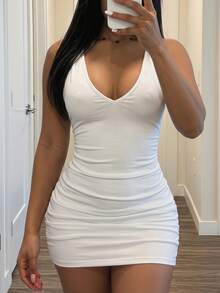 Slaydiva Spring/Summer New Deep V-Neck V-Back Ruched White Mini Dress For Women,All White,Summer,Girly,Club Party Outfits Tight Fit Sleeveless Dress - White - View 6