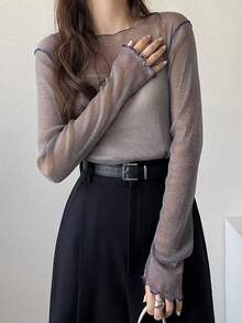 FRIFUL Atasan Turtleneck Jala Transparan untuk Wanita, Pakaian untuk Melapisi Pakaian di Musim Gugur - Grey - View 6