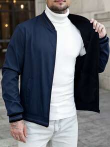 Manfinity CasualCool Men's Solid Color Zip Pocket Casual Long Sleeve Jacket - Navy Blue - View 5
