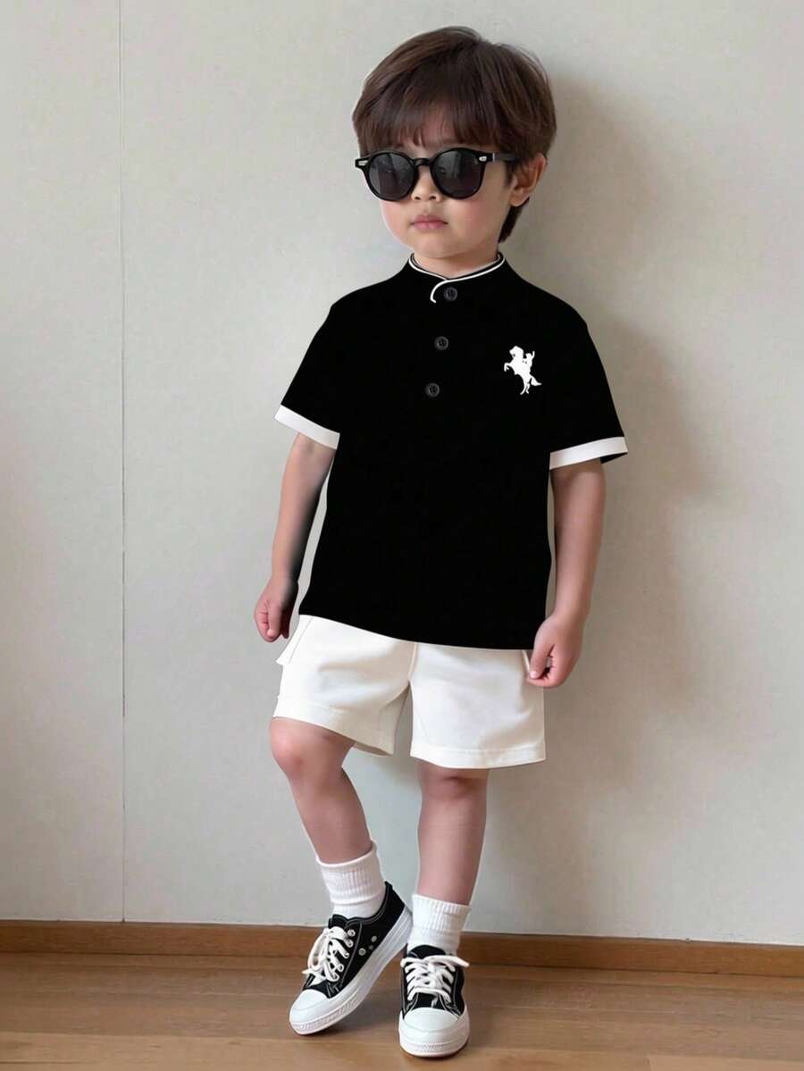 SHEIN 2pcs/Set Baby Boy Black And White Knit Polo Shirt And Woven Shorts,Summer Casual Page Boy Back-To-School Outfit For Outings,Gatherings,Performances - Multicolor - View 1