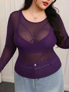 CovetEZ Plus Size Sheer Basic Top, Purple - Purple - View 4