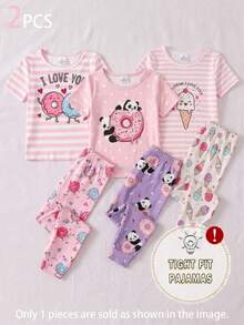 SHEIN Bộ đồ ngủ 2 món mùa hè cho bé gái, kiểu dáng dễ thương, màu hồng nhạt, họa tiết sọc hình bánh donut và trái tim, gồm quần legging tay ngắn. - Nhiều màu - Xem 4