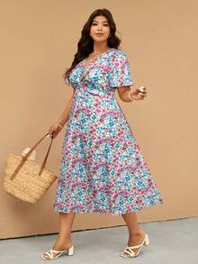 Elaquor Vestido casual de manga corta con diseño de torsión y estampado floral diminuto para mujer de talla grande - Multicolor - Ver 5