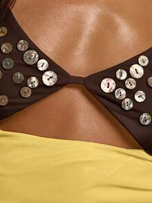 MUSERA Embellished Shell Button Bust Cut Out Front Ruched Fitted Top Cute Summer Spring Sexy Tropical Going Out Club Beach Holiday Vacation Y2K Yellow - Yellow - View 6