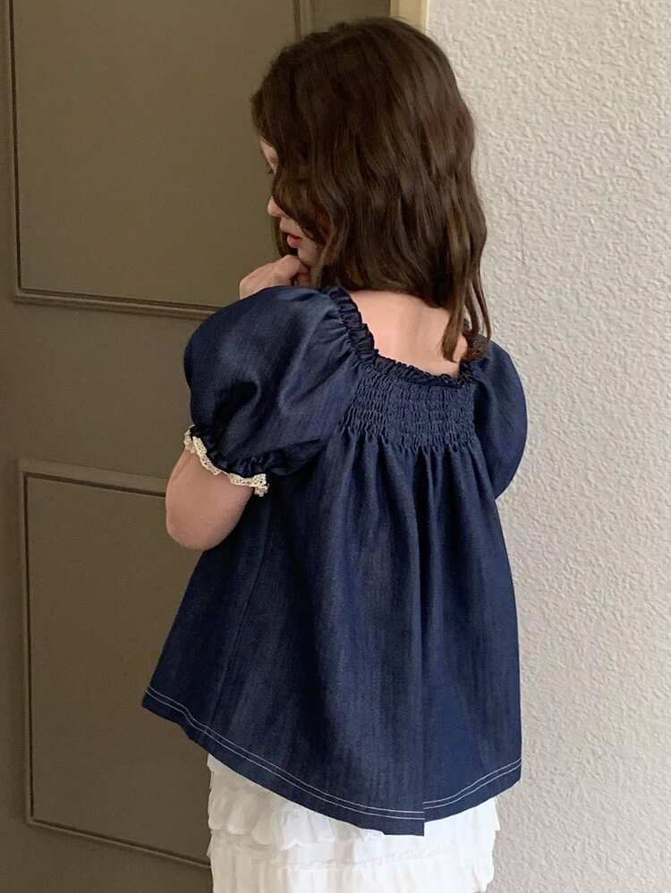 Lantern Sleeve Short Sleeve Cute A-Line Hem Tween Girls Blouse