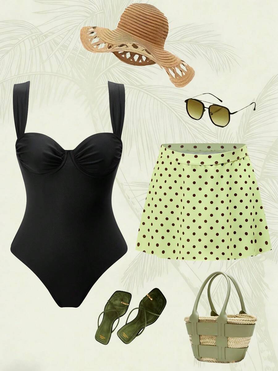 Swim Oasis Women's Summer Beach Vacation Ruched Bust One-Piece Swimsuit And Polka Dot Cover-Up Skirt Set - Black and White - View 1