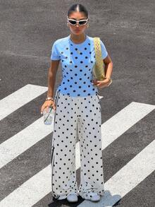 Muchica Women's Polka Dot Short Sleeve Top And Pants Casual Athleisure Sportswear Set City Break Vacation Match Day World Cup Football Gym Blue Summer - Multicolor - View 7