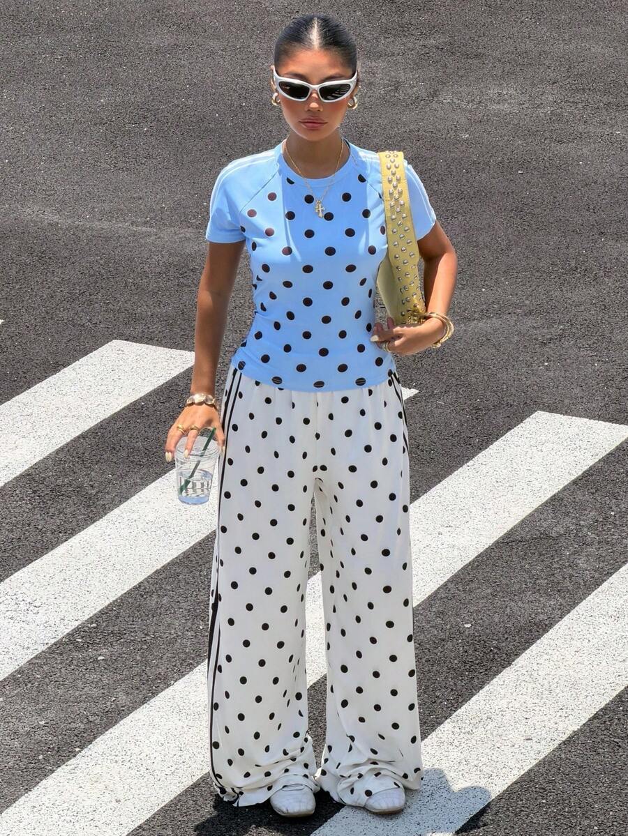 Muchica 女士波点短袖上衣和裤子休闲运动套装