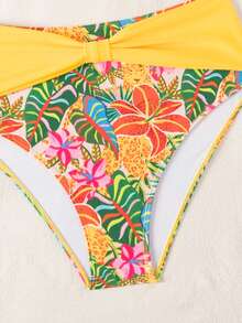 Swim Lushoire Bộ bikini nữ in họa tiết hoa nhiệt đới rực rỡ, áo croptop bản rộng, cạp cao phối màu tương phản, thích hợp cho kỳ nghỉ hè trên bãi biển. - Nhiều màu - Xem 5