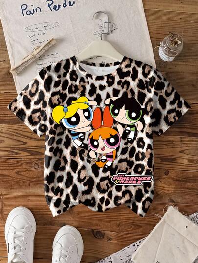 THE POWERPUFF GIRLS X SHEIN Tween Mädchen T-Shirt mit Leopard Muster und Cartoon-Grafik, Rundhalsausschnitt, Kurzarm