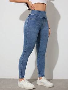 SHEIN Tall Quần jean nữ cạp cao, ôm sát, co giãn, thích hợp cho trang phục thường ngày mùa hè, dự tiệc và phong cách đường phố. Quần jean nữ ôm sát, co giãn, màu xanh dương, dành cho nữ cao. - Màu xanh lam - Xem 3