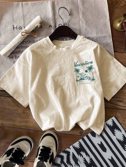 Young Boy Casual Pineapple & Letter Print Round Neck Short Sleeve T-Shirt, Beach Holiday Style, Funny Graphics, Soft & Comfortable For Summer Outdoor Sports, Suitable For Children