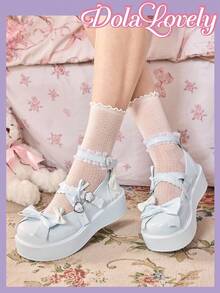 Dola Lovely Sapatos femininos azul-claro com salto plataforma e sola grossa, estilo Mary Jane, Lolita, JK, Gótico e Y2K. - Arco azul - Ver 3