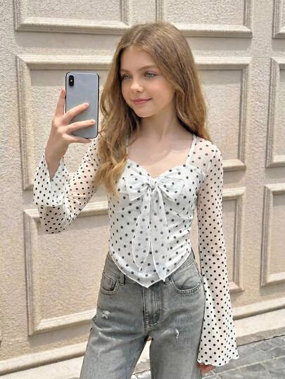 SHEIN Tween Girl Polka Dot Print Tie Front Sheer Long Sleeve Top