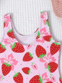 Traje de baño de una pieza con estampado de fresa y floral lindo para bebé niña, ideal para vacaciones de verano en la playa - Rojo - Ver 5