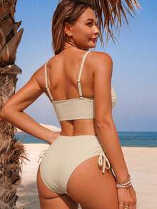 Swim Vcay Conjunto de traje de baño de mujer de unicolor con escote en V, cruzado y anudado, de cintura alta - Blanco perla - Ver 3