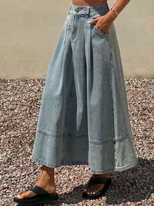 Livesso Vintage Washed Blue Loose Casual Street Outdoor A-Line Pleated Design Women Denim Skirt, Suitable For Summer, Spring, Autumn - Light Wash - View 5