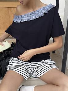 DAZY 女士休闲条纹荷叶边下摆双面T恤，夏季 - 藏蓝色 - 查看 6