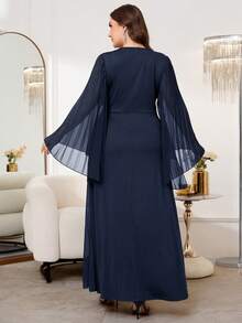 Reflora Plus Size Women V-Neck Faux Pearl Decor Ruched Casual Elegant Party Dinner Formal Wedding Guest Dress Navy Blue Autumn Fall - Navy Blue - View 8