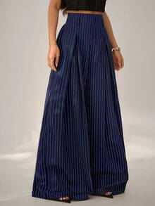 SHEIN PETITE Quần tây nữ màu xanh hải quân kẻ sọc mới, cạp cao, thanh lịch, sang trọng, xếp ly, cạp chun, ống rộng dáng suông, thích hợp cho mùa xuân/thu, đi làm hàng ngày, đa năng. - Màu xanh hải quân - Xem 6