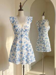 Sweetness Sweet Sexy Vacation Girl Style Blue Floral Print White Background Mini Dress Golf Summer - Blue - View 5