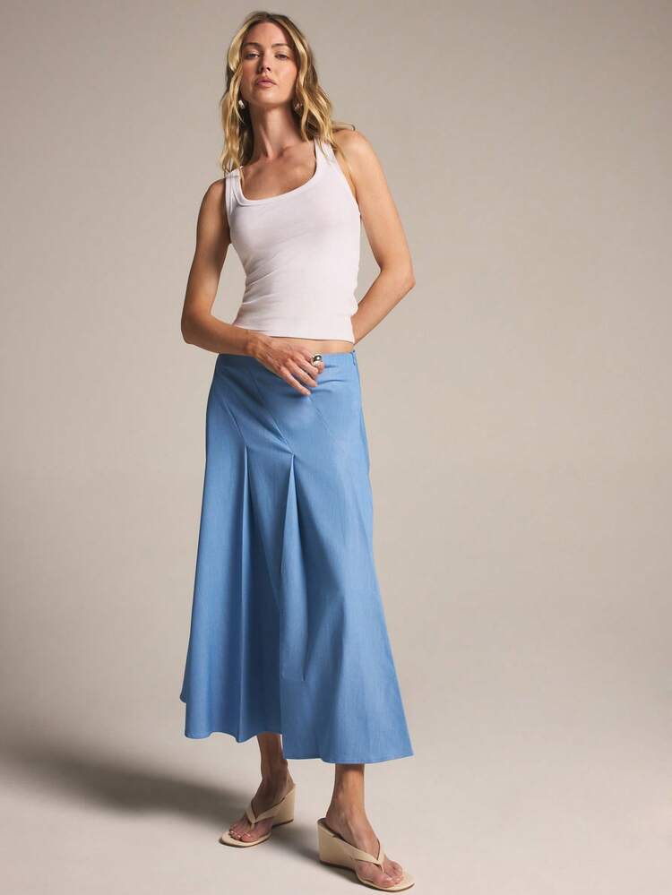 KSTM Women's Light Blue Asymmetric Pleated Midi Skirt High Waisted A-Line Spring Summer Casual Flowy Skirt