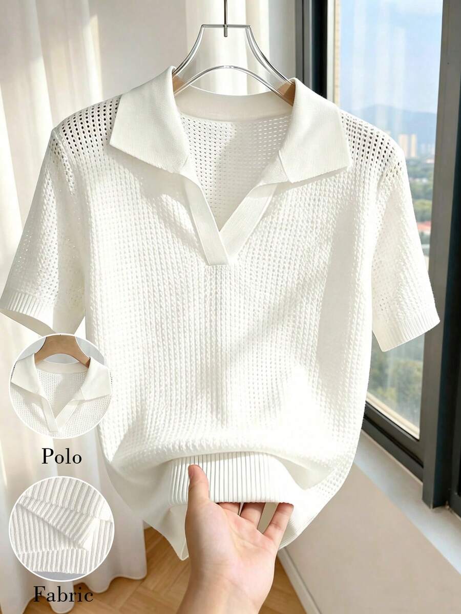 SHEIN Franclia 女士春夏镂空 Polo 领针织短袖白色优雅修身百搭通勤轻薄针织上衣，白色衬衫，夏季度假装，女士优雅上衣，女士休闲服饰