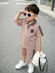 2pcs/Set Young Boy Soft Knit Fabric Solid Color Print Short Sleeve Polo Shirt And Shorts Set, Suitable For Summer Casual, Holiday Wear - Khaki - View 3