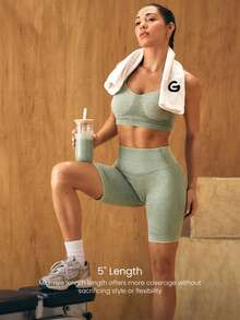 GLOWMODE 5" Ultrafine Soft Seamless Summer Sculpt High Waist Double Layer Coverage Sculpting Fit Mid-Thigh Biker Shorts With Butt Lift Compression Gym - Army Green - View 4