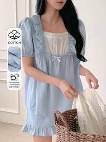 DAZY Bộ đồ ngủ nữ ngọt ngào với bèo nhún, phối màu tương phản, cổ vuông, tay áo cánh hoa, thích hợp cho mùa hè. - Màu xanh lam - Xem 3