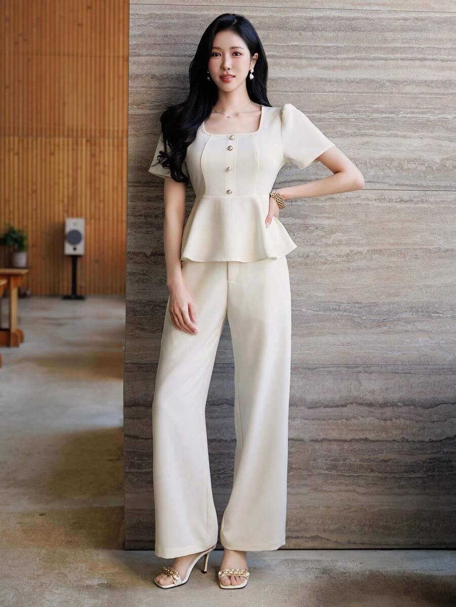 DAZY Bộ 2 món gồm áo hai dây và quần ống đứng kiểu dáng thành thị dành cho nữ, thích hợp mặc đi làm vào mùa xuân và mùa hè. - Màu be - Xem 1