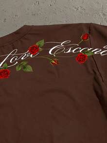 StoneGrade Camiseta casual de cuello redondo con hombros caídos, corte holgado, con estampado de letras y flores para hombre - Marrón - Ver 2