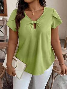 EMERY ROSE Plus Size Solid Color V-Neck Hollow Out Elegant Short Sleeve Blouse, Spring/Summer - Green - View 3