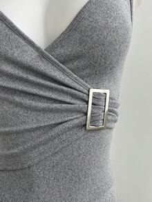 Elamini Đầm hai dây xếp ly khóa kim loại đa năng dành cho nữ mùa hè - Màu Xám nhạt - Xem 5