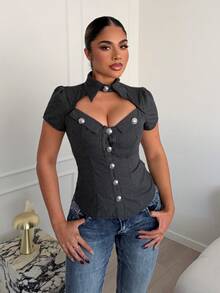 Maria Perezxox 女士复古黑灰条纹金属纽扣短袖衬衫 - 深灰色 - 查看 5