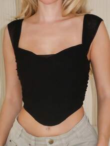 Turnttoni Off Shoulder Ruched Asymmetrical Hem Ruched Waist Fish Bone Decoration Black Crop Top - Black - View 3