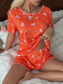 CottageSlumber Conjunto de pijama de manga corta y pantalones cortos de punto acanalado con estampado floral para mujer - Naranja - Ver 4