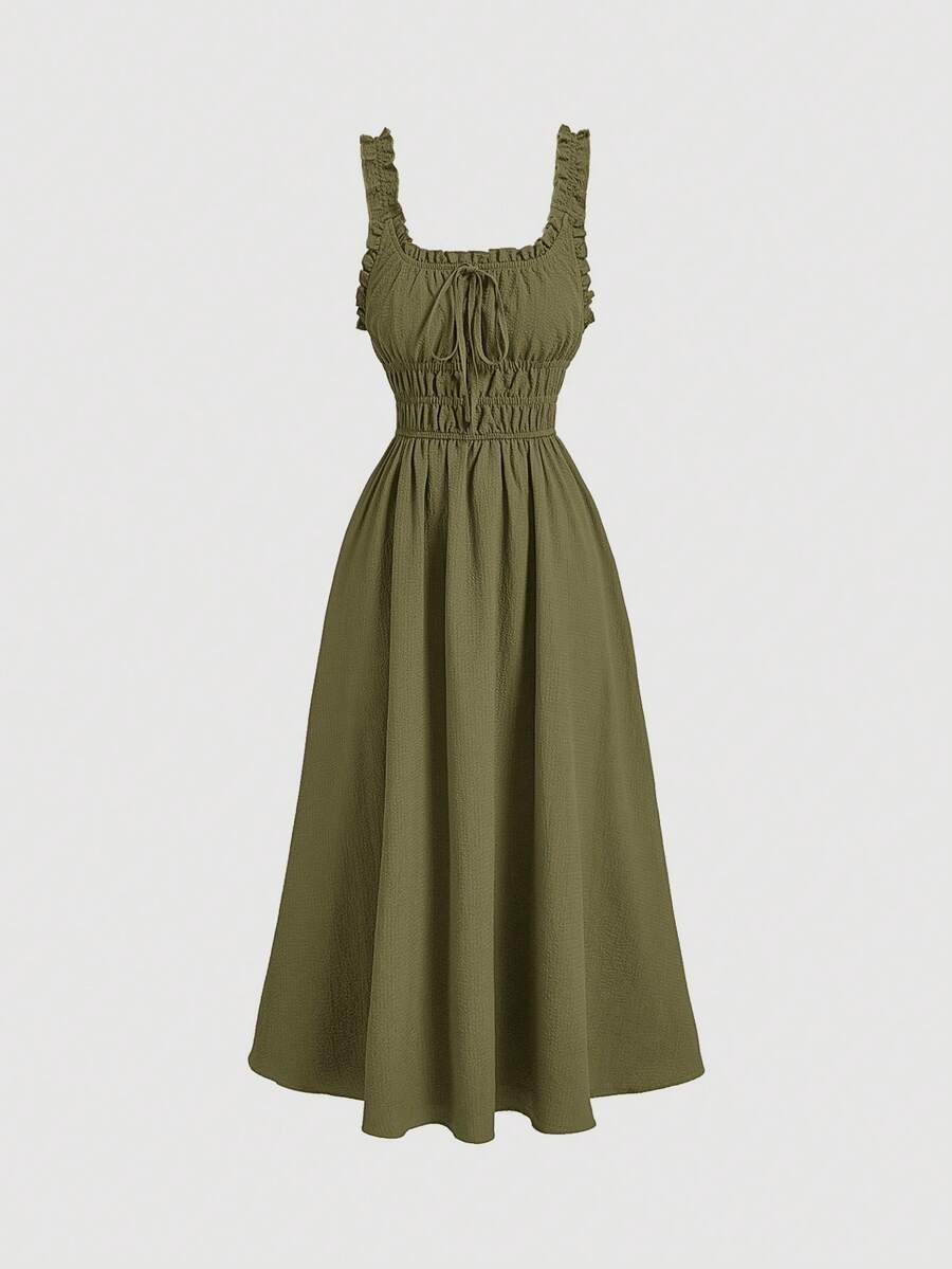 SHEIN MOD Đầm vest đơn giản màu xanh quân đội dành cho nữ, xếp ly và nơ buộc dây, phong cách phương Tây, cổ điển - xanh quân đội - Xem 1