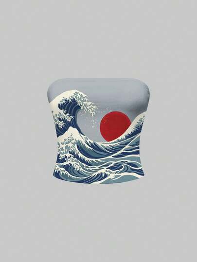 ROMWE Fairycore Ukiyo-E Japanese Painting Pattern Summer Cute Sexy Backless Beach Tube Top For Women
